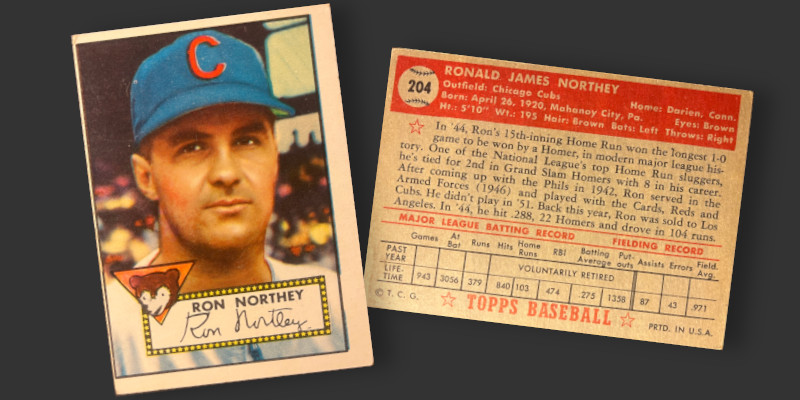 Image: Front and back of my 1952 Topps Ron Northey baseball card.