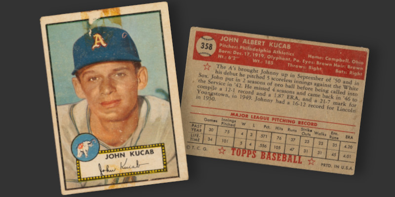 Image: Front and back of 1952 Topps Johnny Kucab baseball card.
