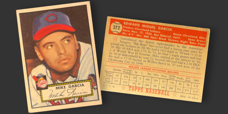 Image: Front and back of 1952 Topps Mike Garcia baseball card.