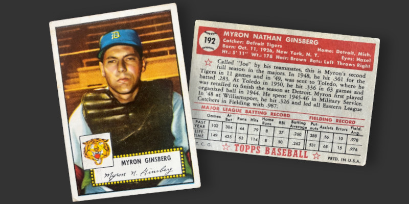Image: Front and back of a 1952 Topps Joe Ginsberg baseball card.
