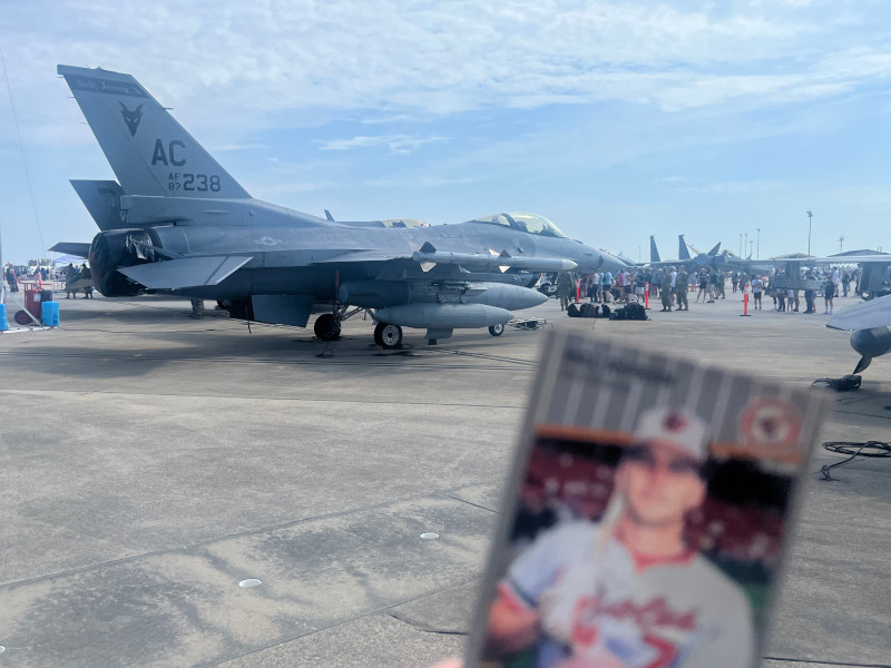 [Image: Billy Ripken card posed near an F-16 from the Air National Guard's Jersey Devils.]