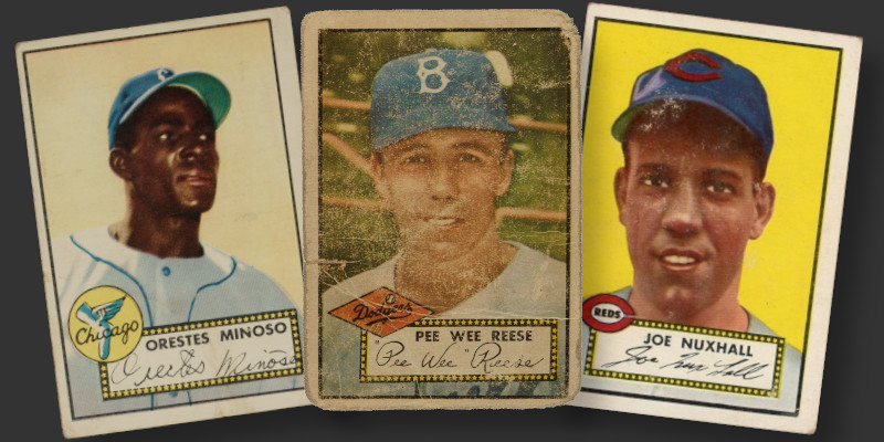 Image: Top 3 additions to my 1952 Topps collection in 2025. Shown left to right are a Minnie Minoso rookie card, a Pee Wee Reese high number, and the high number of Joe Nuxhall.