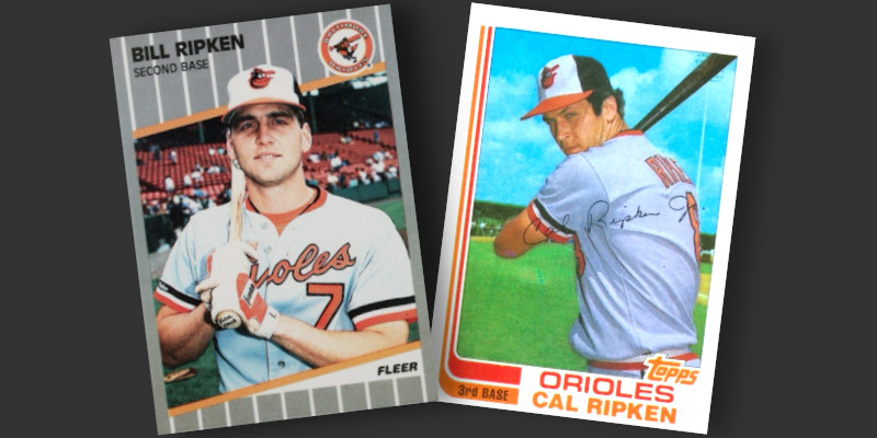 Image: 1989 Fleer "Fuck Face" Error and 1982 Topps Traded Cal Ripken rookie card. Pictured *prior* to being subjected to the Wallet Card Project.
