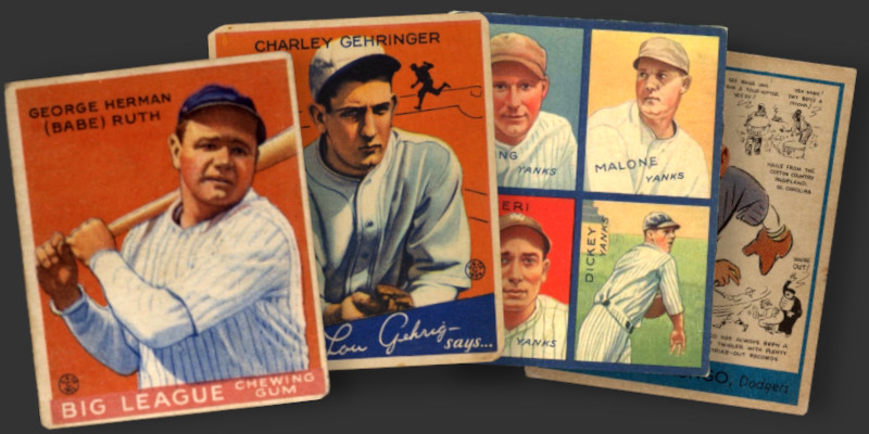 Image: Assorted 1930s Goudey Gum cards. From left to right: 1933 Babe Ruth, 1934 Charlie Gehringer, 1935 multiplayer card of Red Ruffing/Tony Lazzeri/Bill Dickey/Pat Malone, and 1938 Van Lingo Mungo.