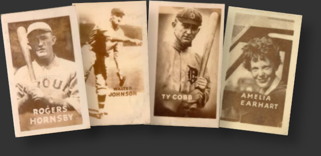 Image: 1948 Topps Magic Photos of Rogers Hornsby, Walter Johnson, Ty Cobb, and Amelia Earhart.
