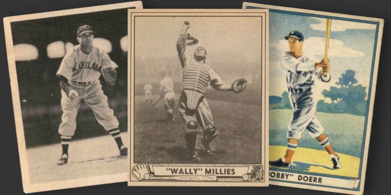 Image: Assorted Play Ball baseball cards. From left to right: 1939 Luke Sewall; 1940 Wally Millies; 1941 bobby Doerr.
