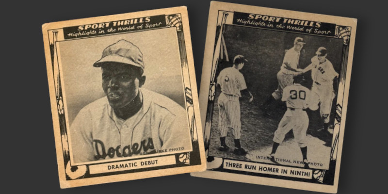 Image: 1948 Swell Sport Thrills Jackie Robinson and the "Three Run Homer" card that includes Joe DiMaggio and Ted Williams meeting at home plate in an All Star Game.