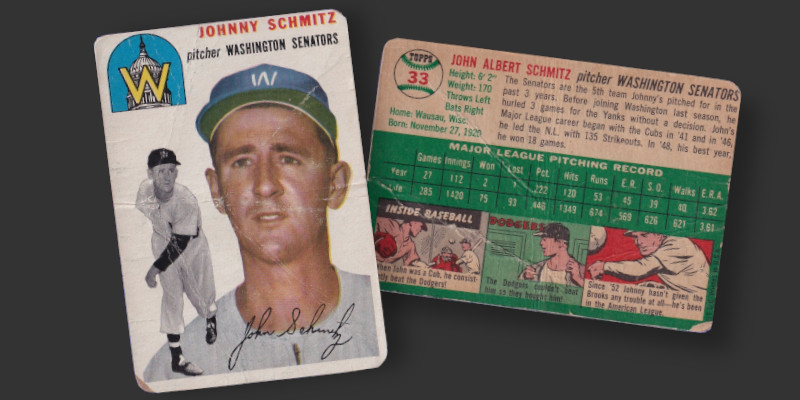 Image: 1954 Topps Johnny Schmitz baseball card in low grade.