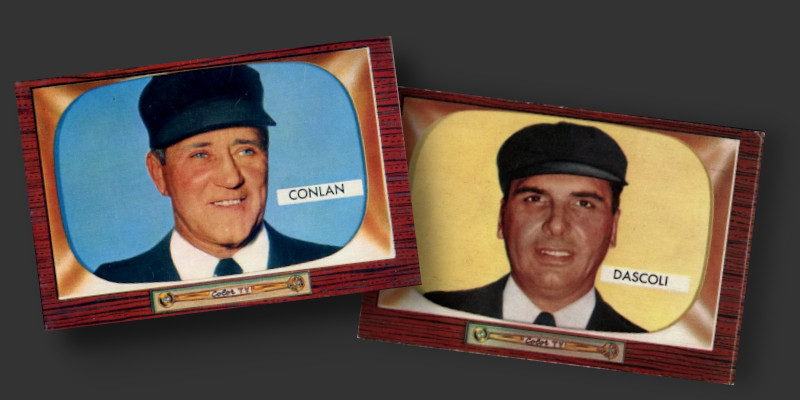 Image: 1955 Bowman baseball cards of umpires Jocko Conlon and Frank Dascoli.