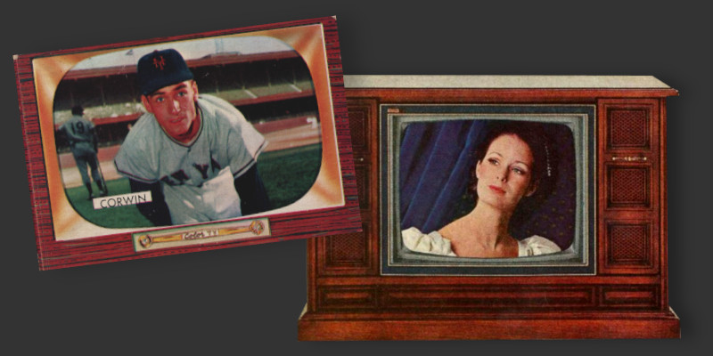 Image: A woodgrain 1955 Bowman baseball card and a heavy wood Philco color television from 1962.