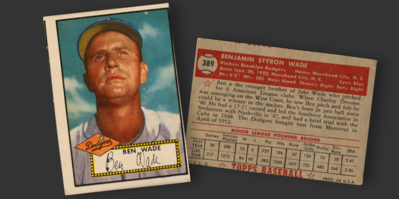 Image: Front and back of 1952 Topps Ben Wade rookie card. Wade's portrait has him looking off into the distance above the eyeline of the kneeling photographer. The card is sharply miscut, with the right border almost non-existent. Ben's facsimile autograph on the nameplate on the front of the card displays some of the worst handwriting in the set. 