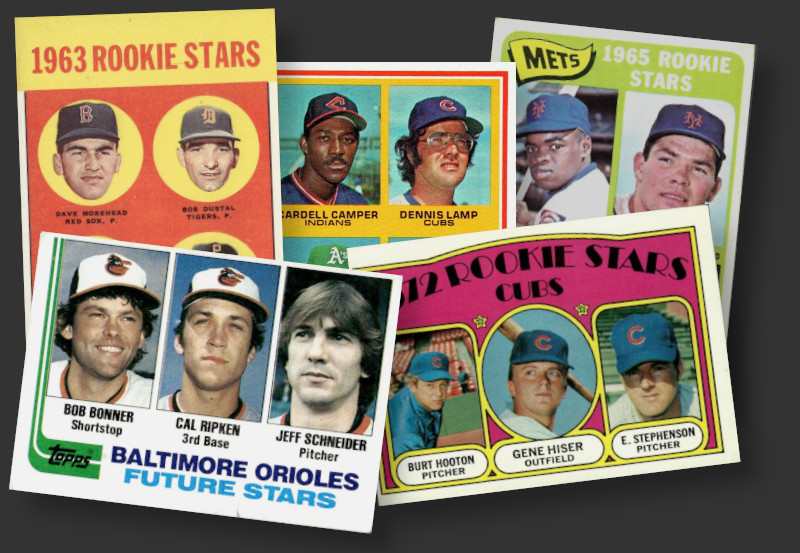 Image: Assortment of "Rookie Stars" and "Future Stars" baseball cards produced by Topps from the early 1960s through 1982. Dennis Lamp's look in the photo of his 1978 rookie reflects the expression on the typical collector encountering these cards for the first time.