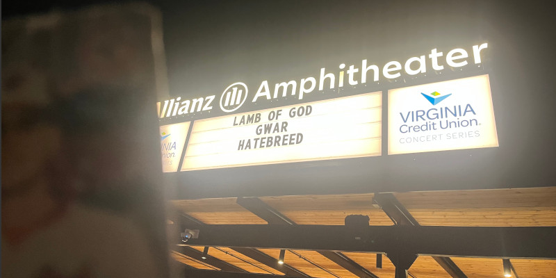 [Image: Billy Ripken card in front of the marquee at Allianz Amphitheater in Richmond. Lamb of God, GWAR, and Hatebreed are the performers for the evening.]