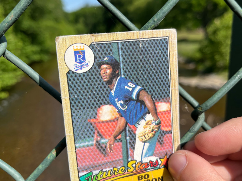 Image: 1987 Topps Bo Jackson baseball card held against the green chain link safety fence on a footbridge over the South River in Ridgeview Park, Waynesboro, Virginia.