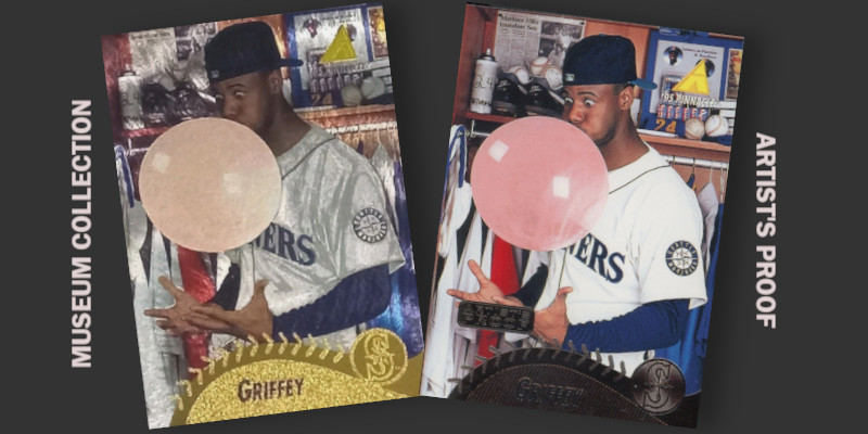 Image: Parallels of the 1995 Pinnacle Ken Griffey Jr. card. On the left is a Museum Collection, easily identified by metallic "Dufex" coating that makes the card highly reflective. A gold stamped "Artist's Proof" version is seen on the right with the unobtrusive stamp appearing near Griffey's hands.