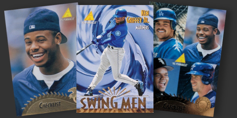 Image: 1995 Pinnacle Series Two cards featuring Ken Griffey, Jr. From left to right: Checklist #447, Swing Men subset #304, and multiplayer Checklist #450 with Mike Piazza, Jeff Bagwell, and Frank Thomas.