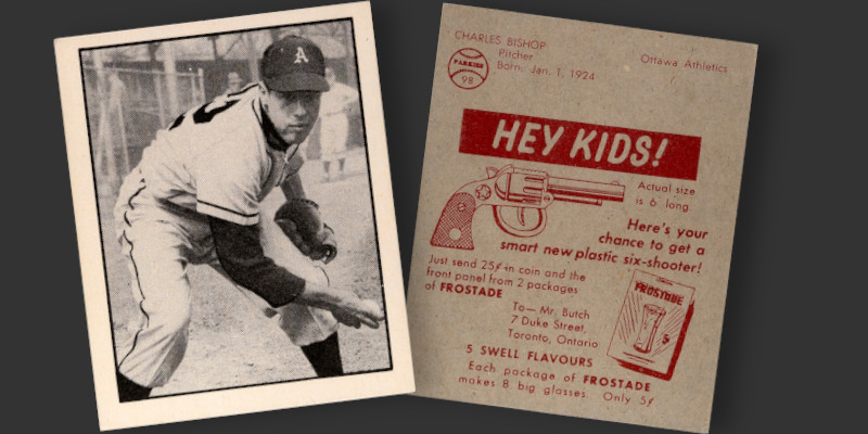 Image: Front and back of 1952 Parkhurst Frostade Charlie Bishop baseball card.