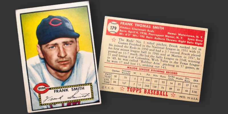 [Image: Front and back of 1952 Topps Frank Smith baseball card.]