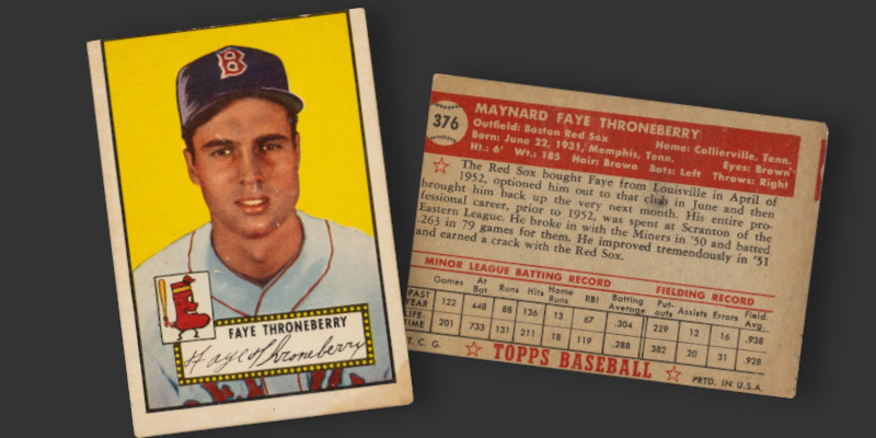 Image: Front and back of my 1952 Topps Faye Throneberry baseball card. The centering is heavily skewed top/bottom, so much so that a portion of the next card on the printing sheet can be seen encroaching on the back of the card.