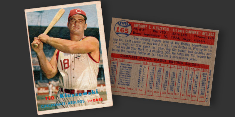 Image: Front and back of 1957 Topps Ted Kluszewski baseball card. Ted has left behind any pretense of tailoring his undershirt, opting to forego the garment in its entirety and pose for his card in a uniform that is little more than a vest.