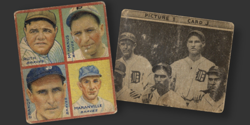 Image: Front and back of 1935 Goudey 4-in-1 Babe Ruth baseball card.