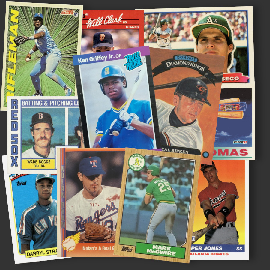 Image: Assorted junk wax baseball cards from the first table. Left to right: 1991 Score Bo Jackson Rifleman, 1990 Donruss Will Clark, 1989 Topps Big Jose Canseco, 1984 Topps League Leaders Wade Boggs, 1989 Donruss Ken Griffey Jr. Rated Rookie, 1992 Donruss Diamond Kings Cal Ripken, 1989 Topps All-Star Darryl Strawberry, 1991 Pacific Nolan Ryan "Bloody Lip", 1987 Topps Mark McGwire rookie, and 1991 Score Chipper Jones rookie.