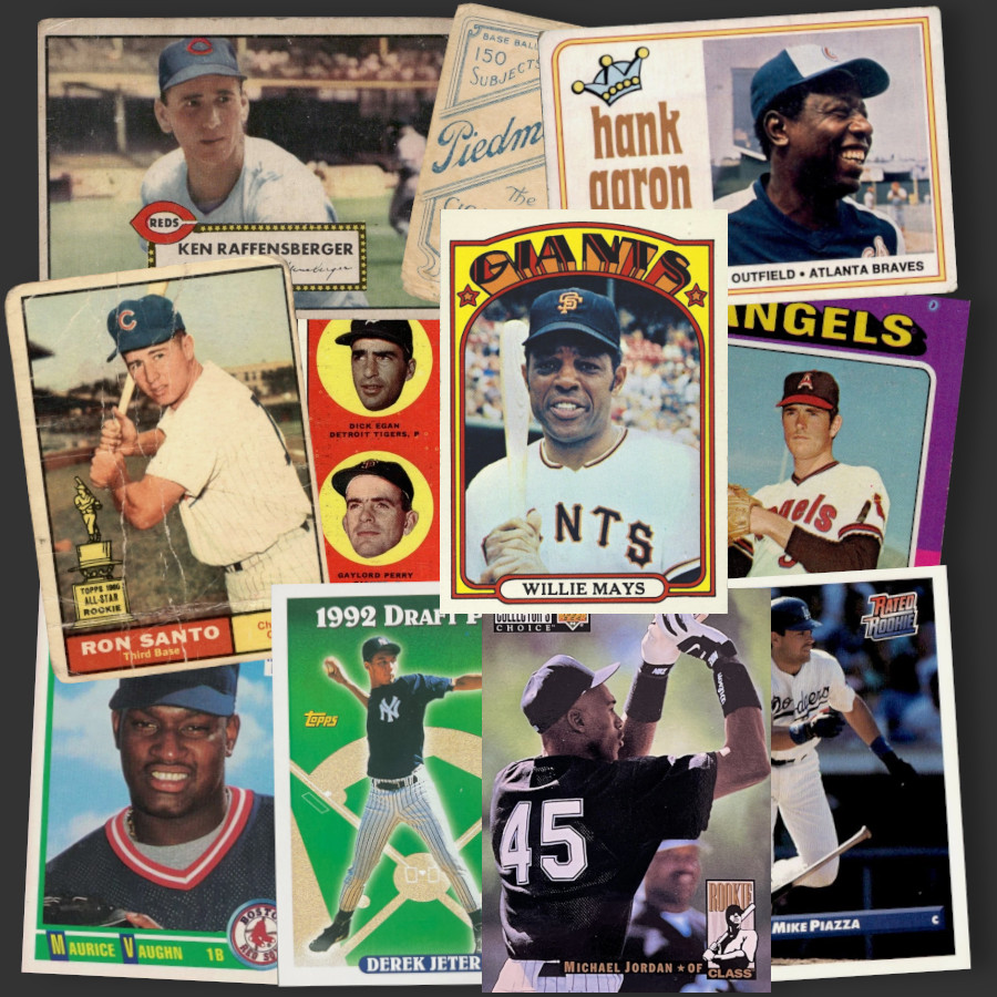 Image: A sampling of the offerings of the second table. From left to right: 1952 Topps Ken Raffensberger, T-206 J.J. Clarke, 1974 Topps Hank Aaron, 1961 Topps Ron Santo rookie, 1963 Topps Gaylord Perry, 1972 Topps Willie Mays, 1975 Topps Nolan Ryan, 1990 Score Mo Vaughn rookie, 1993 Topps Derek Jeter rookie, 1994 Collector's Choice Michael Jordan rookie, and 1993 Donruss Mike Piazza Rated Rookie.