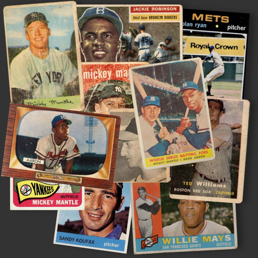 Image: The vintage-obsessed teenager's showcase cards. From left to right: 1954 Bowman Mickey Mantle, 1956 Topps Jackie Robinson, 1971 Topps Nolan Ryan, 1959 Topps Mickey Mantle, 1955 Bowman Hank Aaron, 1948 Bowman Warren Spahn rookie, 1958 Topps World Series Batting Foes Mickey Mantle/Hank Aaron multiplayer card, 1957 Topps Ted Williams, 1965 Topps Mickey Mantle, 1964 Topps Sandy Koufax, and 1960 Topps Willie Mays.
