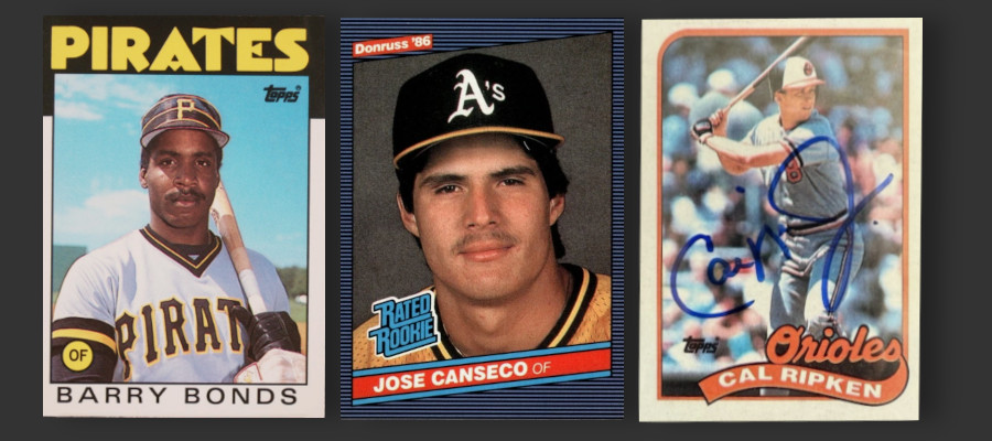 Image: Baseball cards on the table of the fifth collector. Left to right they are 1986 Topps Traded Barry Bonds rookie, 1986 Donruss Rated Rookie Jose Canseco, and an autographed 1989 Topps Cal Ripken, Jr.