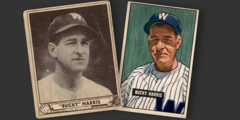 Image: 1940 Play Ball and 1951 Bowman baseball cards of Washington Senators manager Bucky Harris.
