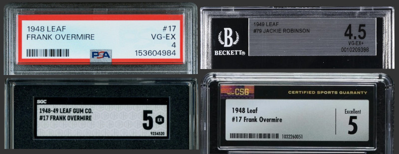 Image: Slab labels from various third party grading services showing the various ways Leaf cards are identified. Shown are PSA ("1948 Leaf"), BGS ("1949 Leaf"), SGC ("1948-49 Leaf Gum Co."), and CSG ("1948 Leaf").
