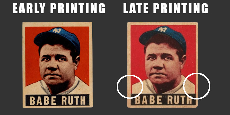 Image: Side by side images of 1949 Leaf Babe Ruth cards. The early printing variation is on the left. The late printing variation appears on the right with high contrast red lines separating Ruth's white jersey from the white borders of the card.