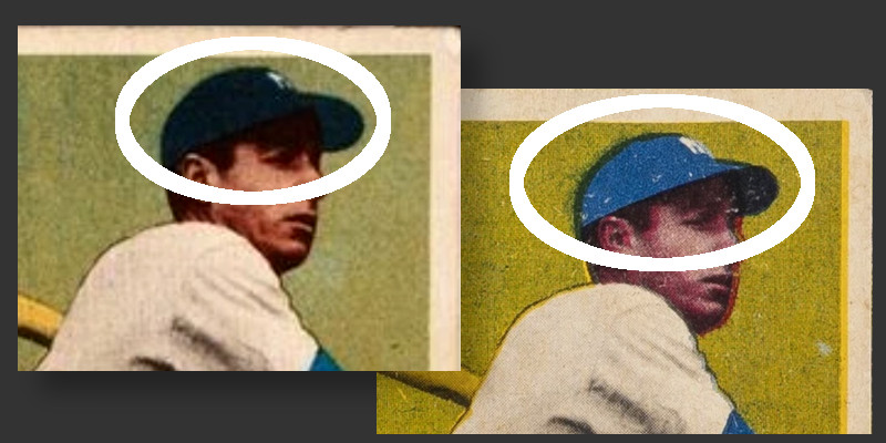 Image: Close up views of two variations of 1949 Leaf Joe DiMaggio baseball cards. His hat is circled in white on both to highlight the difference between the version with black ink applied on the left and the version with black ink specifically masked off on the right, resulting in a bright blue cap.