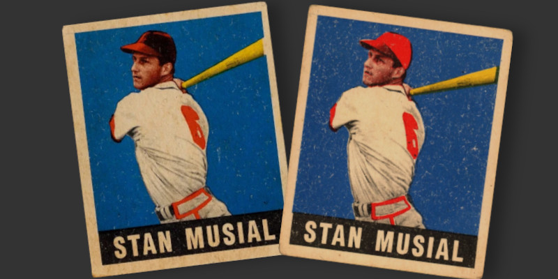 Image: Two 1949 Leaf Stan Musial baseball cards. The black cap variation is shown on the left and the red cap is depicted on the right.