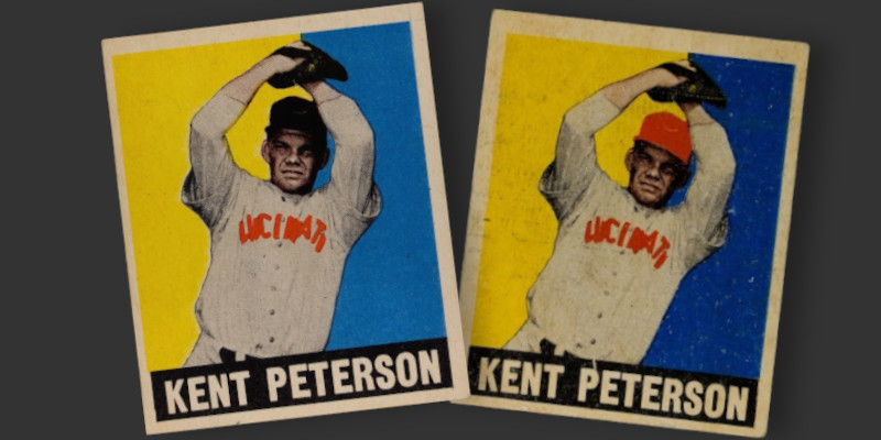 Image: Two 1949 Leaf Kent Peterson baseball cards. The black cap variation is shown on the left and the harder to find red cap is depicted on the right.