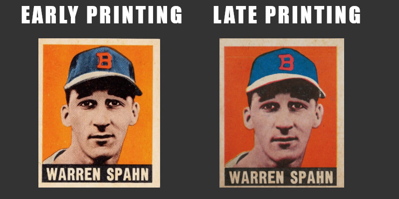 Image: Side by side images of 1949 Leaf Warren Spahn cards. The early printing variation with a darker, textured hat is on the left. The late printing variation appears on the right with a bright blue hat containing zero black ink for texture.