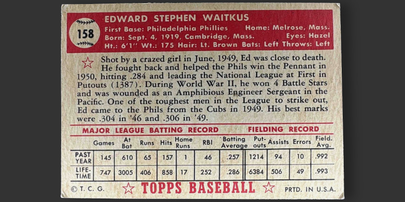 Image: Back of a 1952 Topps Eddie Waitkus baseball card, card number 158 in the set. In addition to the numerous demographic metrics, note the biographical text that begins with "Shot by a crazed girl in June, 1949, Ed was close to death."