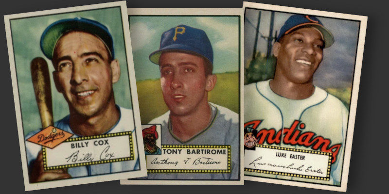 Image: 1952 Topps baseball cards of Billy Cox, Tony Bartirome, and Luke Easter.