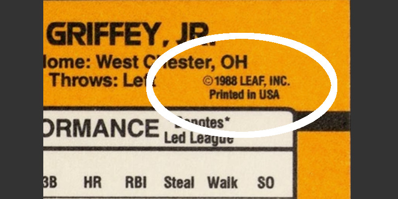 Image: Close-up view of the back of a 1989 Donruss Ken Griffey, Jr. baseball card. The 1988 copyright date appearing in the upper right has been circled in white by the author to draw attention.