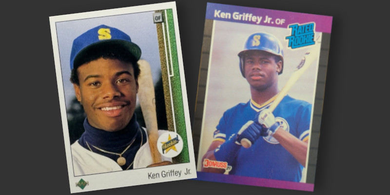 Image: 1989 Upper Deck and 1989 Donruss Ken Griffey, Jr. rookie cards.