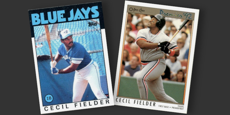 Image: 1986 Topps Cecil Fielder rookie card and 1992 O-Pee-Chee Premier Cecil Fielder baseball card. Cecil is noticeably larger on the 1992 card.