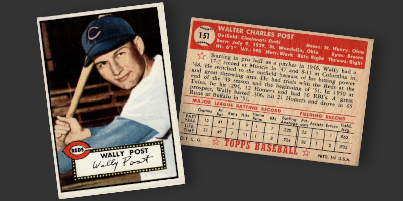 Image: Front and back of 1952 Topps Wally Post baseball card (Card #151). Post is posing for the camera in a tightly cropped shot holding a batting pose.