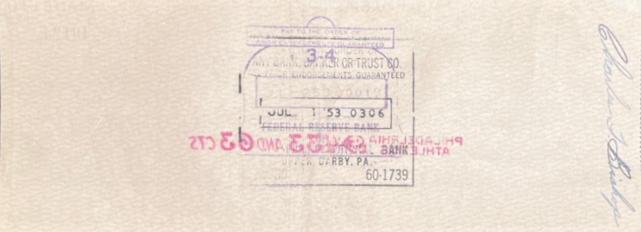 Image: Back of payroll check endorsed by Charlie Bishop and deposited July 1, 1953.