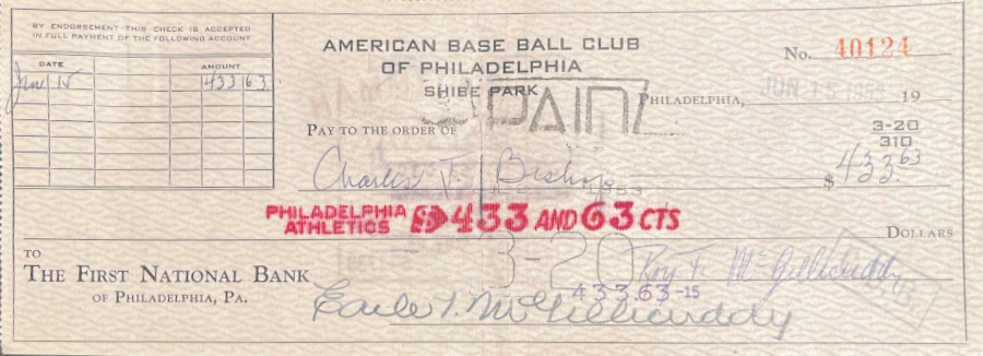Image: American Base Ball Club of Philadelphia payroll check for $433.63 made payable to Charles T. Bishop and dated June 15, 1953. Signed by Roy McGillicuddy and his brother Earle McGillicuddy.